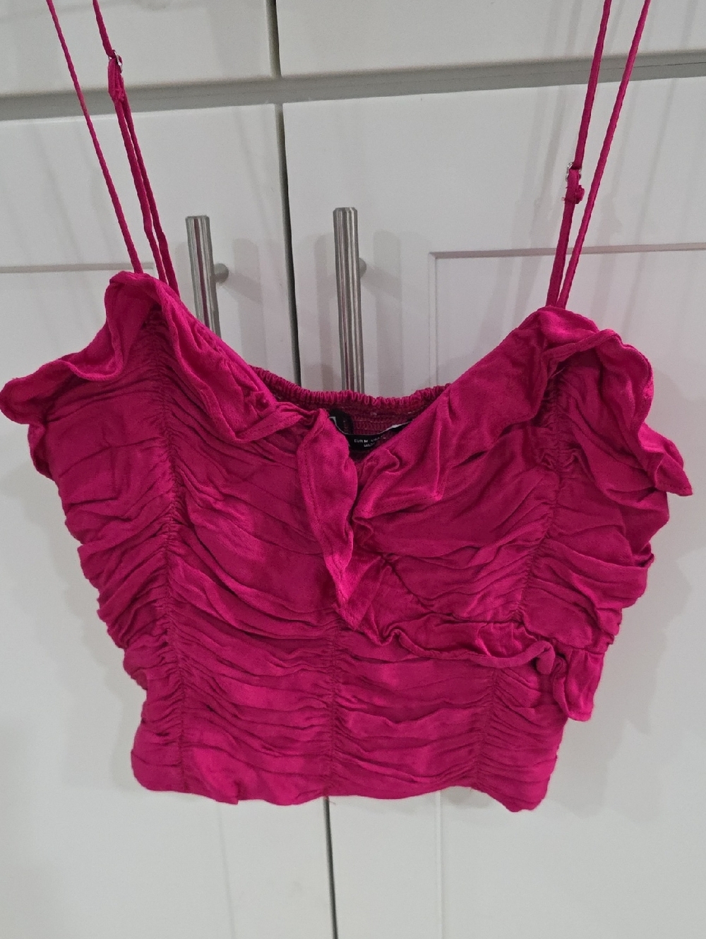 Zara Ruched Spaghetti Strap Crop Top - Hot Pink
